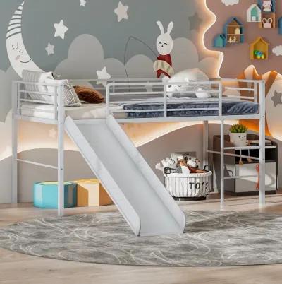 Twin Metal Loft Bed with Slide Safety Guardrails and Built-in Ladder