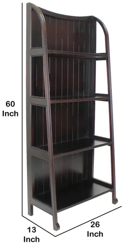 4 Tier Foldable Shelf Display Stand with Plank Style Back, Brown-Benzara