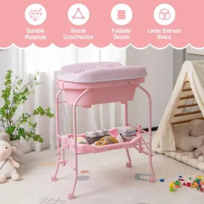 Hivvago Folding Baby Changing Table with Bathtub and 4 Universal Wheels