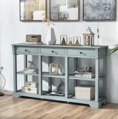 58" Retro Console Table with 3 Drawers and Open Shelves Rectangular Entryway Table-Blue