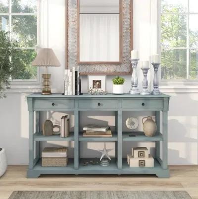 58" Retro Console Table with 3 Drawers and Open Shelves Rectangular Entryway Table-Blue