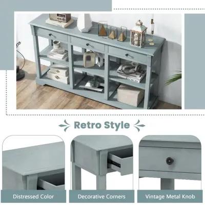 58" Retro Console Table with 3 Drawers and Open Shelves Rectangular Entryway Table-Blue