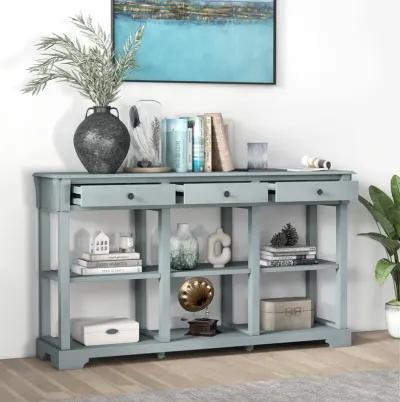 58" Retro Console Table with 3 Drawers and Open Shelves Rectangular Entryway Table-Blue