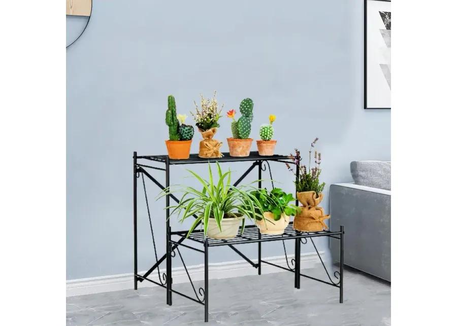 2-Tier Stair Style Metal Plant Stand for Indoor and Outdoor-Black