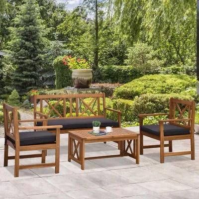 4-Piece Acacia Wood Backyard Conversation Chat Seating Set w/ Cushions Teak/Grey