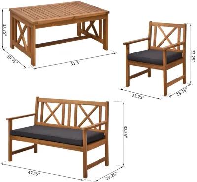 4-Piece Acacia Wood Backyard Conversation Chat Seating Set w/ Cushions Teak/Grey