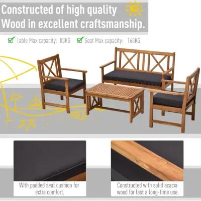 4-Piece Acacia Wood Backyard Conversation Chat Seating Set w/ Cushions Teak/Grey