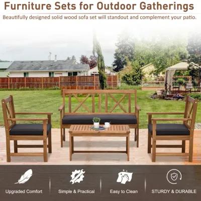 4-Piece Acacia Wood Backyard Conversation Chat Seating Set w/ Cushions Teak/Grey