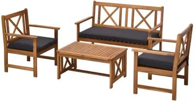 4-Piece Acacia Wood Backyard Conversation Chat Seating Set w/ Cushions Teak/Grey