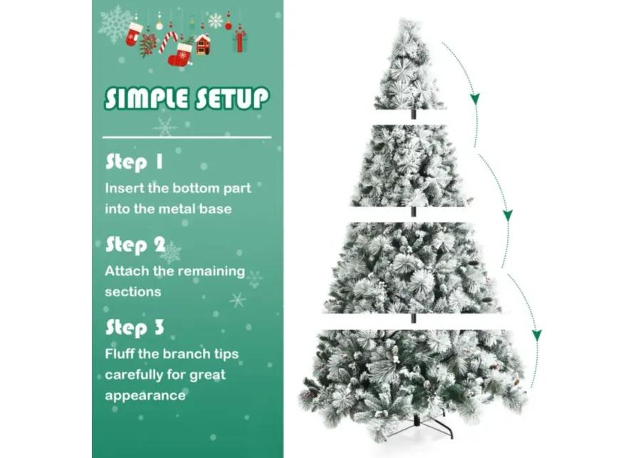 8 Feet Snow Flocked Christmas Tree Glitter Tips with Pine Cone and Red Berries