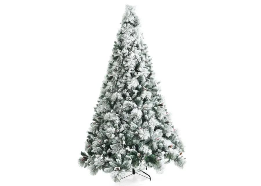 8 Feet Snow Flocked Christmas Tree Glitter Tips with Pine Cone and Red Berries