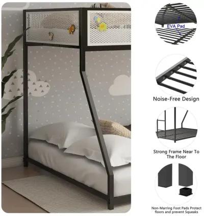 Twin Over Full Bunk Metal Bed Frame with Mesh Guard Rail, Removable Ladder, Noise-Reducing EVA Pad for Kids Bedrooms, Black