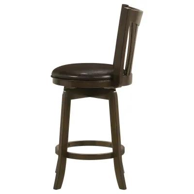 Ethan Swivel Counter Height Chair, Dark Brown Faux Leather, Hardwood - Benzara