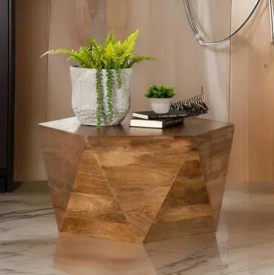 35 Inch Wood Drum Coffee Table, Artisan Hexagonal Rich Natural Brown Finish-Benzara