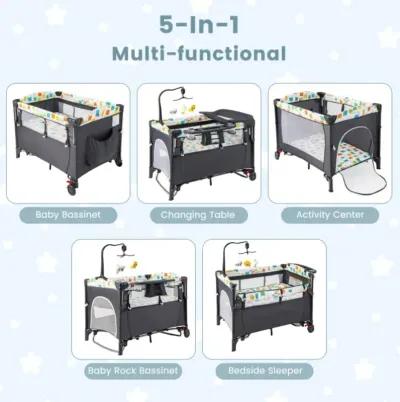 Hivvago 5-in-1 Baby Nursery Center Foldable Toddler Bedside Crib with Music Box