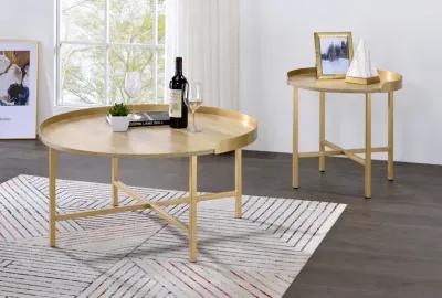 ACME Mithea Coffee Table, Oak Table Top & Gold Finish