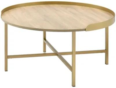 ACME Mithea Coffee Table, Oak Table Top & Gold Finish