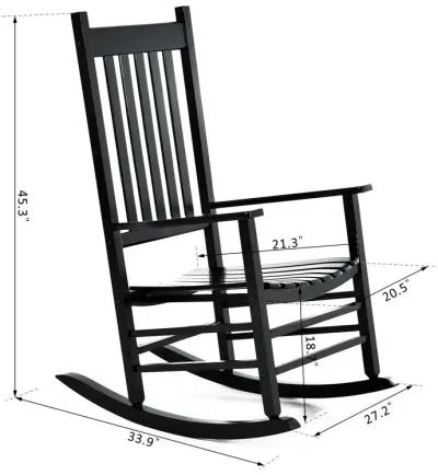 Classic Porch Seating: Black Wooden Slatted Rocking Chairs with Armrests