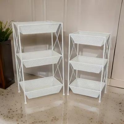 30 Inch Plant Stands Set of 2, Open Metal Frame, 6 Square Baskets, White - Benzara