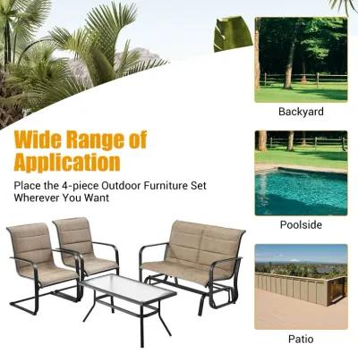 4 Pieces Outdoor Patio Conversation Sets with Padded Glider Loveseat and Coffee Table