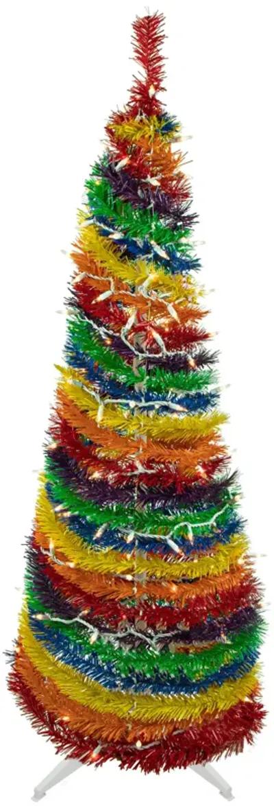 4' Pre-Lit Rainbow Tinsel Pop-Up Artificial Christmas Tree  Clear Lights