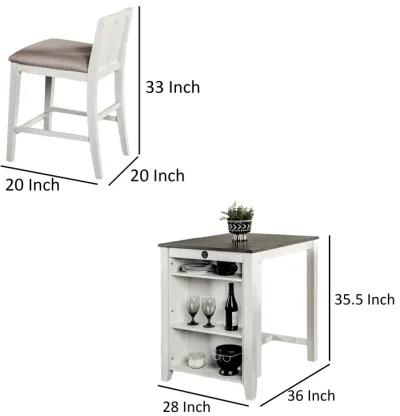 Lessi 3pc Counter Height Table Set with Side Shelf, USB , White Gray Wood