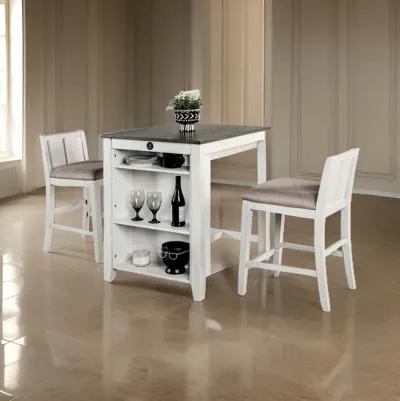 Lessi 3pc Counter Height Table Set with Side Shelf, USB , White Gray Wood