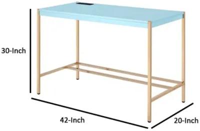 Writing Desk with USB Dock and Metal Legs, Sky Blue and Gold-Benzara