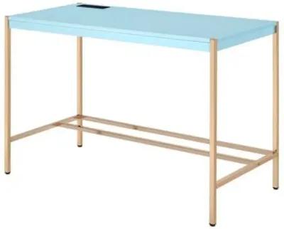 Writing Desk with USB Dock and Metal Legs, Sky Blue and Gold-Benzara