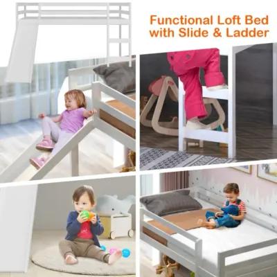 Twin Size Low Sturdy Loft Bed with Slide Wood