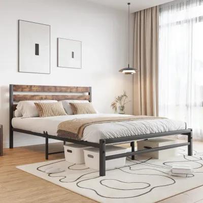 Hivvago FullSized Platform Bedframe with Slats and Vintage Wooden Head Board