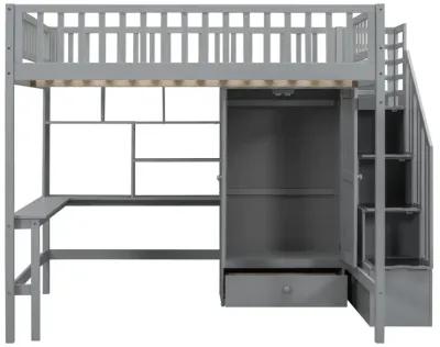 Full Size Loft Bed With Bookshelf, Drawers, Desk, And Wardrobe