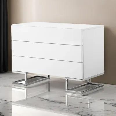 Sam 39 Inch Dresser with 3 Drawers, Chrome Steel Legs, White Wood Finish - Benzara