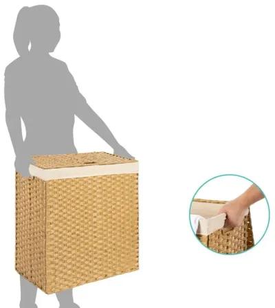 Folding 2-Bin Natural PE Wicker Linen Liner Laundry Hamper w/ Handles