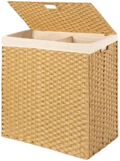 Folding 2-Bin Natural PE Wicker Linen Liner Laundry Hamper w/ Handles