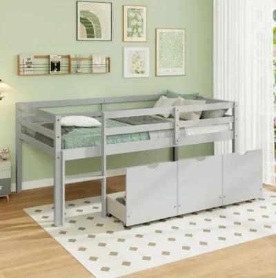 Hivvago Twin Size Low Loft Bed with 3 Drawers with Ladder and Full-length Guardrails