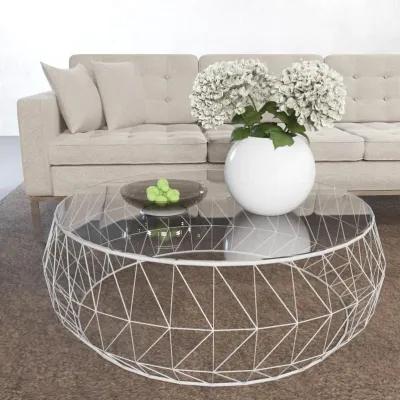 LeisureMod Malibu Modern Round Glass Top Coffee Table With Metal Base