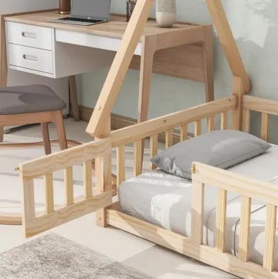 Twin Tentshaped Floor Bed, With Guardrails, Slats, Door, Natural