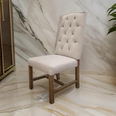 Genie 21 Inch Dining Chair, Set of 2, Ivory Polyester, Solid Brown Wood-Benzara