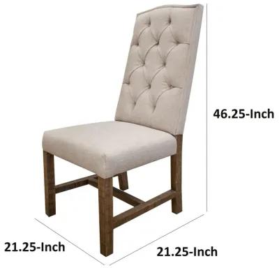 Genie 21 Inch Dining Chair, Set of 2, Ivory Polyester, Solid Brown Wood-Benzara