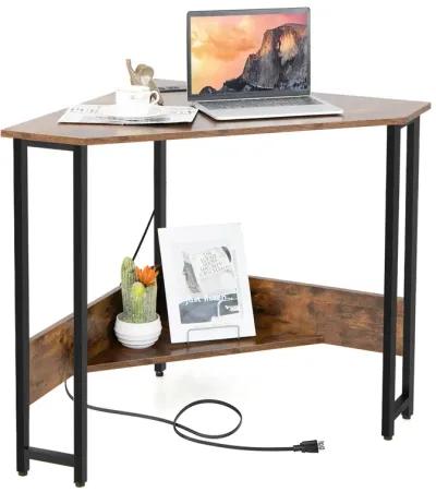 Costway Triangle Computer Desk Corner Desk Home Office w/Power Outlets USB Ports Black