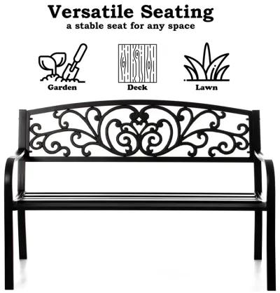 Steel Outdoor Powder Coated Garden Park Seating Bench with Cast Iron Backrest, Lawn Decor Seating Bench for Yard, Patio, Garden, Balcony, and Deck