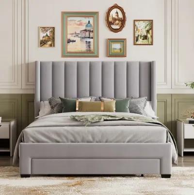 Queen Size Storage Bed Velvet Upholstered Platform Bed with a Big Drawer