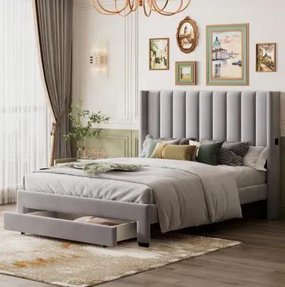 Queen Size Storage Bed Velvet Upholstered Platform Bed with a Big Drawer