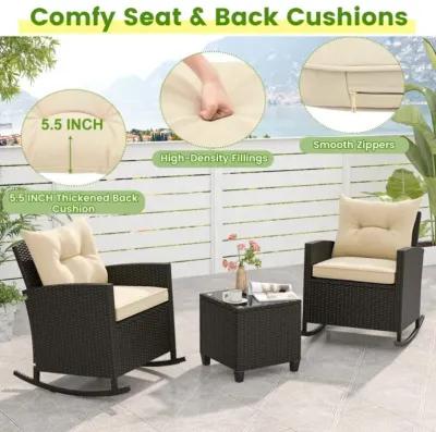 Hivvago Patio Rattan Roker Chairs with Tempered Glass Table and Soft Cushions for Backyard, Poolside Porch