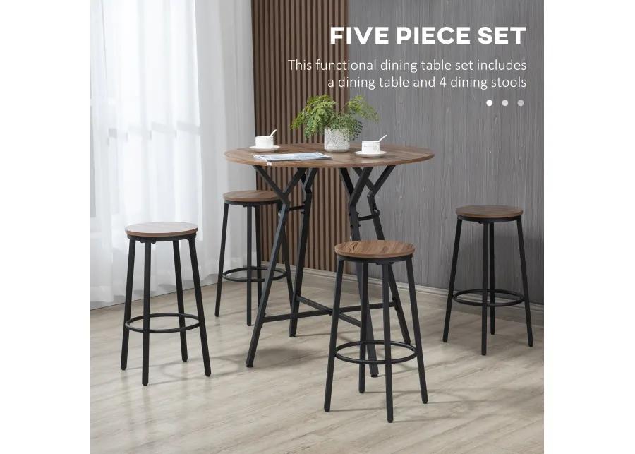 HOMCOM Industrial 5-Piece Bar Table and Chairs Set, Space Saving Dining Table with 4 Stools for Pub and Kitchen, Black & Brown