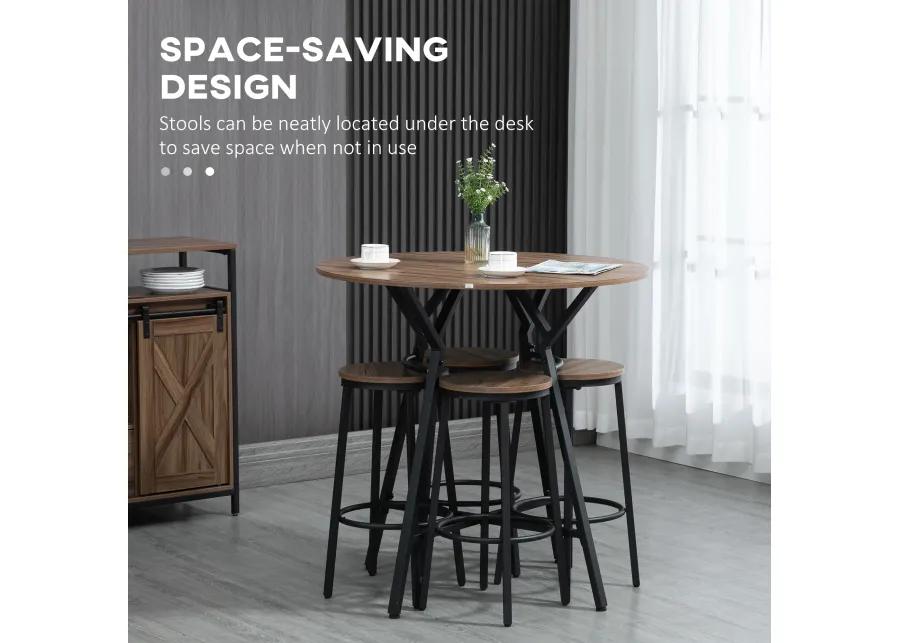 HOMCOM Industrial 5-Piece Bar Table and Chairs Set, Space Saving Dining Table with 4 Stools for Pub and Kitchen, Black & Brown