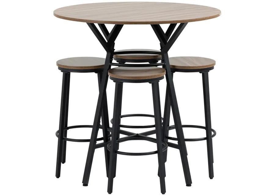 HOMCOM Industrial 5-Piece Bar Table and Chairs Set, Space Saving Dining Table with 4 Stools for Pub and Kitchen, Black & Brown