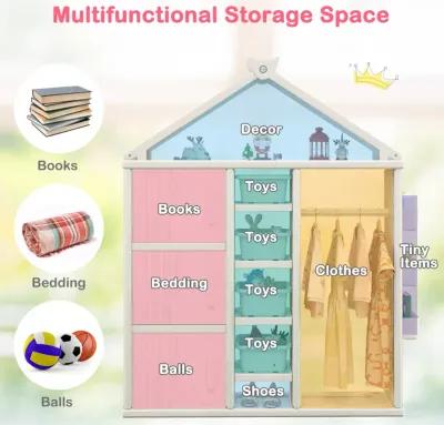 Kids Costume Storage Closet with Storage Bins and Shelves and Side Baskets for Kids Room