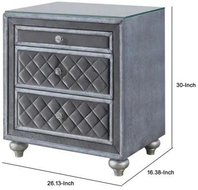 Yin 30 Inch 3 Drawer Nightstand, Glass Top, Crystal Knobs, Gray Velvet-Benzara